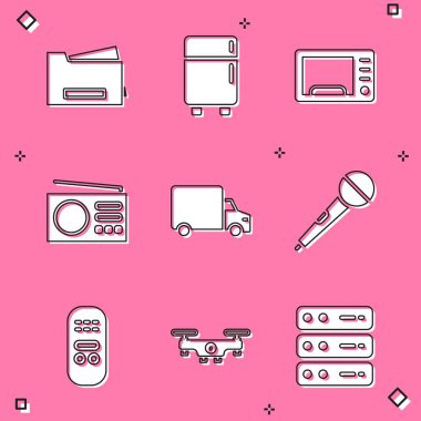 Yazıcı, buzdolabı, mikrodalga fırın, radyo, teslimat kamyonu, mikrofon, uzaktan kumanda ve İHA ikonu ayarlayın. Vektör