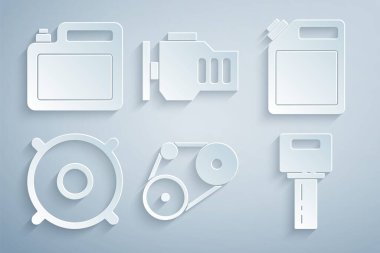 Zaman ayarlı kemer kiti, benzin için teneke kutu, araba hoparlörü, uzaktan kumandalı anahtar, motor yağı ikonunu kontrol et. Vektör