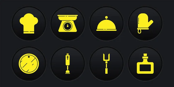 Set Cutting board, Oven handschoen, Blender, Barbecue vork, Bedekt met lade, Schalen, Sauce fles en Chef hoed pictogram. Vector — Stockvector