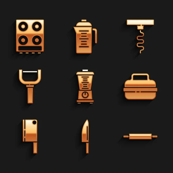 Set licuadora, cuchillo, rodillo, olla de cocina, picador de carne, pelador, sacacorchos de vino y el icono de la estufa de gas. Vector — Vector de stock