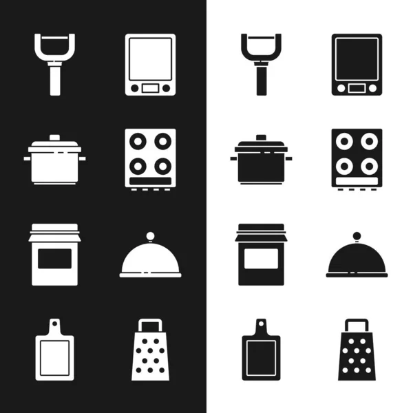 Set Estufa de gas, olla de cocción, pelador, básculas electrónicas, tarro de mermelada, cubierto con bandeja, rallador e icono de tabla de cortar. Vector — Archivo Imágenes Vectoriales
