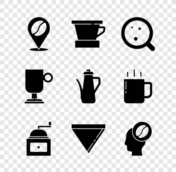 Set Location mit Kaffeebohnen, V60-Kocher, Kaffeetasse, Handmühle, Papierfilter, Barista, Irish und Teekanne Symbol. Vektor — Stockvektor