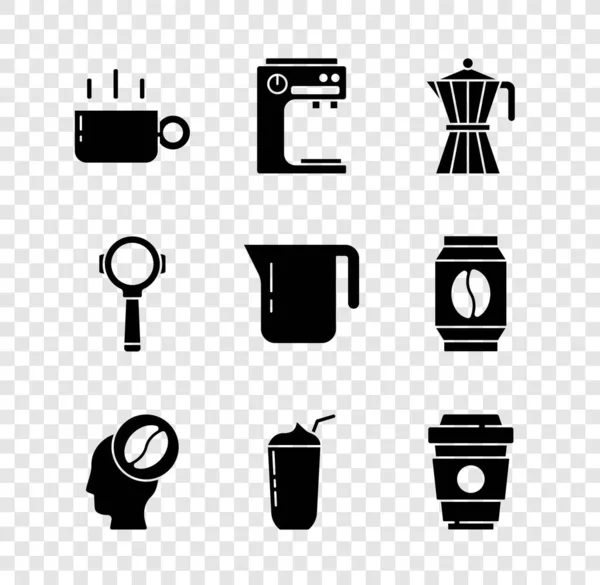 Zestaw filiżanka kawy, ekspres, moca pot, Barista, Milkshake, aby przejść, uchwyt filtr i ikona. Wektor — Wektor stockowy
