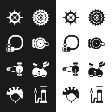 Bisiklet zili, kilit, sproket kolu, kaset, teçhizatlı zincir, sabit bisiklet, hava pompası ve kask ikonu ayarlayın. Vektör