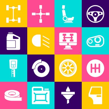 Araba kapısı, vites kolu, far, koltuk, kiriş, motor yağı için teneke kutu, Chassis araba ve ikon tanılama durumu. Vektör