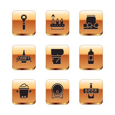 Şişe açacağı, buz kovası, tahta fıçı rafta, bira göbeği, şişe, soğuk bira kutusu ve konveyör bandı, ikon. Vektör