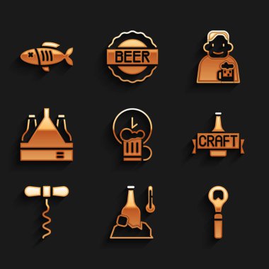 İndirimli içki saati, soğuk bira şişesi, şişe açacağı, bira, şişe tirbuşonu, şişe paketi, balık ve kurutulmuş balık ikonu. Vektör