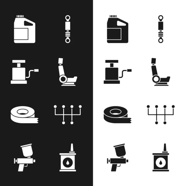Set Autostoel, luchtpomp, houder voor motorolie, schokdemper, Scotch tape, versnellingspook en Paint spray gun icon. Vector — Stockvector