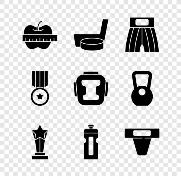 Set Apple en meetlint, Ice hockey stick puck, Boksen kort, Beker, Fitness shaker, Groin guard, Medaille en helm pictogram. Vector — Stockvector