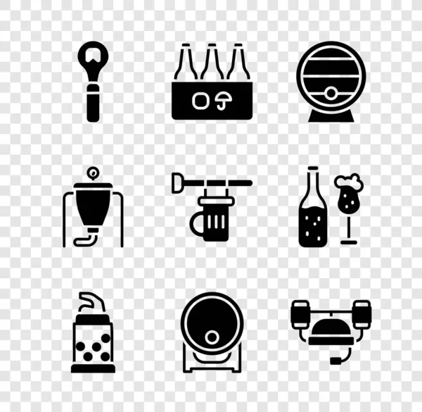 Set Bottle opener, Pack of beer bottles, Wooden barrel on rack, Beer helmet, brewing process and Signboard with glass icon. Vector — Stock Vector