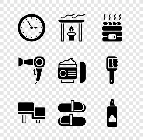 Set Horloge de sauna, bougie Aroma, pierres de sauna chaudes, banc en bois, pantoufles, Spray pour laque à cheveux, sèche-cheveux et crème lotion icône du tube cosmétique. Vecteur — Image vectorielle