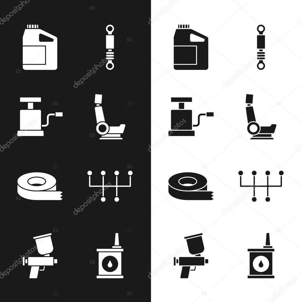 Set Car seat, air pump, Canister for motor oil, Shock absorber, Scotch tape, Gear shifter, and Paint spray gun icon. Vector