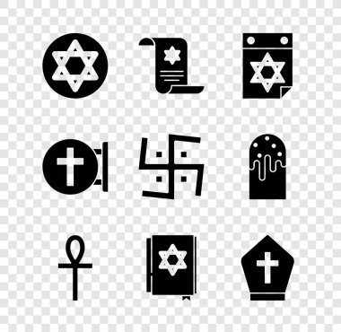 Davut Yıldızı, Tevrat tomarı, Yahudi takvimi, Haç Ankh, Torah kitabı, Papa şapkası, Hristiyan haçı ve Hindu gamalı haç ikonu. Vektör