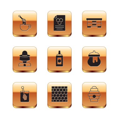 Bal kovanına bal, bal peteği, kavanoz, arı koruyucu şapka, arılar için kovan ve ikon koyun. Vektör