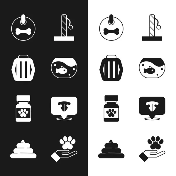 Set Aquarium with fish, Pet carry case, Dog collar, Cat scratching post, Medicine bottle and pills, nose, Hands animals footprint and Shit icon. Vector — Image vectorielle