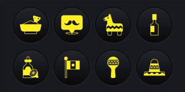 Limonlu tekila şişesi, acı sos, Meksika bayrağı, Maracas, Pinata, bıyık, Meksika sombrero ve Nachos kasesi ikonu. Vektör