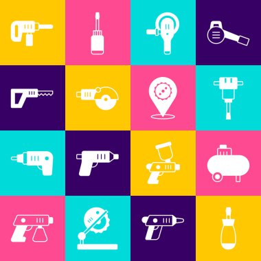 Tornavida, hava kompresörü, inşaat matkabı, açı öğütücü, testere, elektrikli matkap ve dairesel bıçak ikonu. Vektör