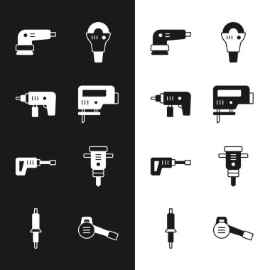 Elektrikli yap-boz, matkap, zımpara makinesi, çim biçme makinesi, döner çekiç, inşaat matkabı, Yaprak bahçe üfleyicisi ve lehim demir ikonu. Vektör