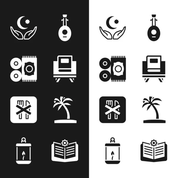 Set Holy book of Koran, Traditional carpet, Star and crescent, Lute, Ramadan fasting, Tropical palm tree, and Kareem lantern icon. Vector — Stock Vector