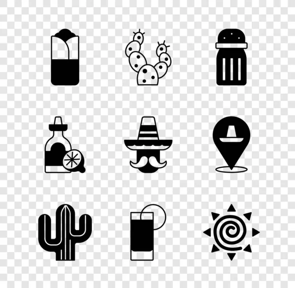 Набор Буррито, Кактус, Сальт, Текила стекло с лемоном, солнце, бутылка и мексиканский человек сомбреро икона. Вектор — стоковый вектор