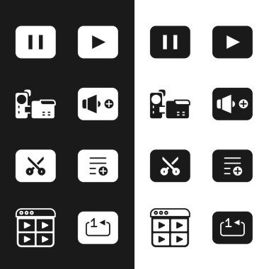 Hoparlör sesi, Sinema kamerası, Duraklat düğmesi, Play, Music veya video düzenleme, Parça listesi ekle, Parça çalıcı ve simgesini tekrarla. Vektör