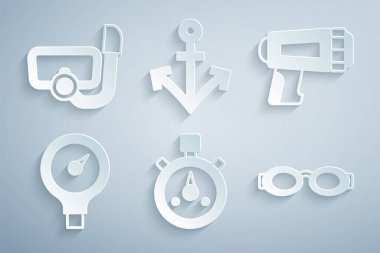 Kronometreyi, dalgıç için el fenerini, ölçek ölçeğini, yüzme gözlüğünü, şnorkel ikonlu Anchor ve Dalış maskesini ayarla. Vektör