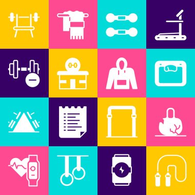 İp atlama, kırık ağırlık, banyo terazisi, Dumbbell, spor salonu, halterli bank ve kapüşonlu kapüşon. Vektör