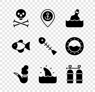 Kafatası 'nı çapraz kemiklere, çapraz konuma çapraz konuma çapa ile, suya şişe mesajı, tüten pipo, köpekbalığı yüzgeci okyanus dalgası, Aqualung, balık ve ölü balık ikonu. Vektör