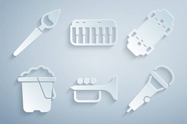 Trompet, Kaykay, Kum kovası, Mikrofon, Müzik Sentezleyici ve Boya Fırçası ikonu. Vektör