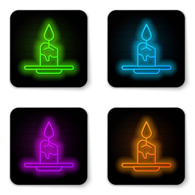 Parlayan neon hattı Aroma mum simgesi beyaz arkaplanda izole edildi. Siyah kare düğme. Vektör