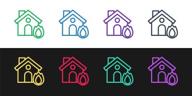 Yanan ev simgesinde siyah ve beyaz arka planda izole edilmiş çizgi yangını başlat. Sigorta konsepti. Güvenlik, güvenlik, koruma, konsept koruma. Vektör.