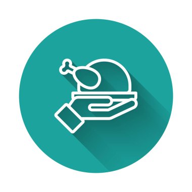 Beyaz çizgi, kızarmış hindi ya da uzun gölgeli izole edilmiş tavuk ikonu. Yeşil daire düğmesi. Vektör