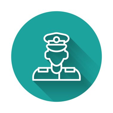 Beyaz çizgi Pilot simgesi uzun gölge arkaplanı ile izole edildi. Yeşil daire düğmesi. Vektör