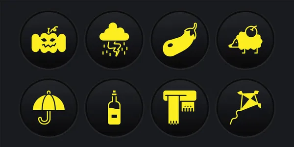 Set Guarda-chuva, ouriço, garrafa de vinho, cachecol de inverno, berinjela, tempestade, pipa e ícone de abóbora. Vetor —  Vetores de Stock