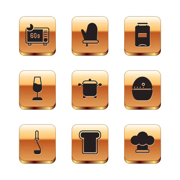 Set Mikrowelle, Kelle, Brottoast, Kochtopf, Weinglas, Marmeladenglas, Kochmütze und Backhandschuh-Symbol. Vektor — Stockvektor