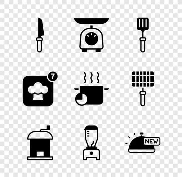 Set Messer, Waagen, Barbecue-Spachtel, manuelle Kaffeemühle, Mixer, bedeckt mit Tablett Lebensmittel, Kochmütze und Kochtopf-Symbol. Vektor — Stockvektor