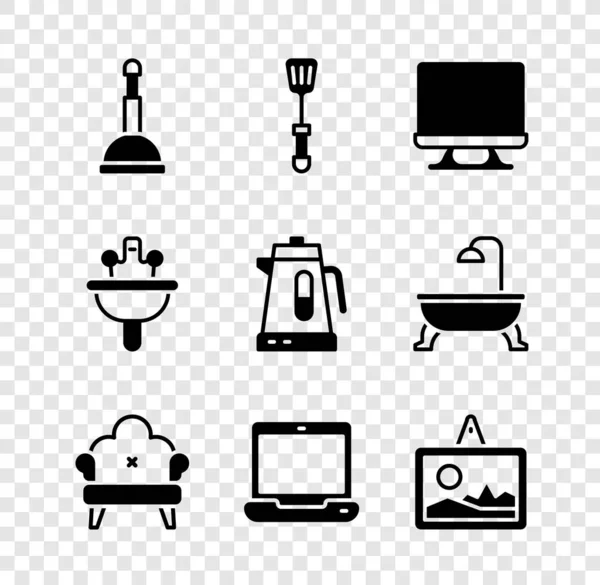 Set Gummikolben, Spachtel, Smart Tv, Sofa, Laptop, Bild, Waschbecken und Wasserkocher Symbol. Vektor — Stockvektor