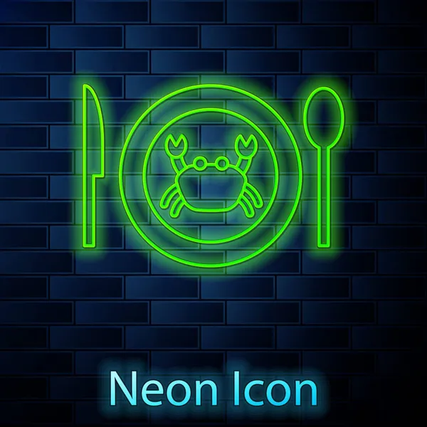 Leuchtende Neon-Linie Servierte Krabbe auf einem Teller-Symbol isoliert auf Backsteinwand Hintergrund. Vektor. — Stockvektor