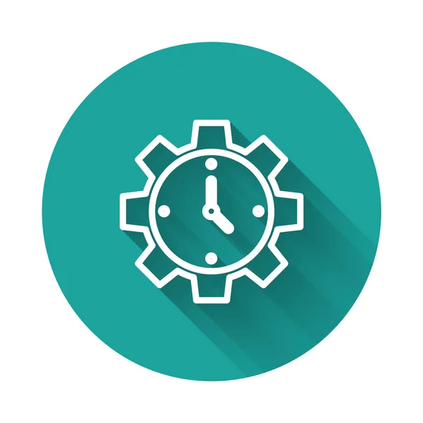 화이트 라인 타임 관리 아이콘은 긴 그림자와 분리되어 있습니다. 시계와 장비 서명 . 생산성의 상징. 그린 서클 버튼. Vector — 스톡 벡터