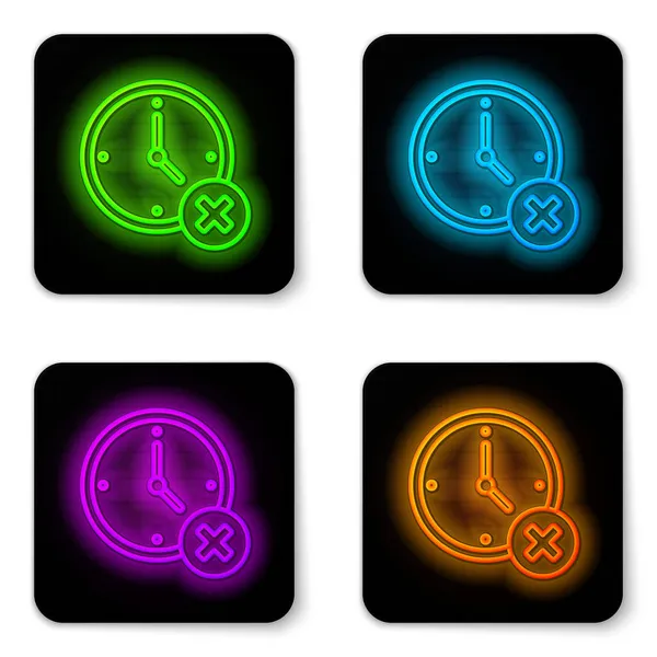 Glowing neon line Clock delete icon isolated on white background. Time symbol. Black square button. Vector — Stock Vector