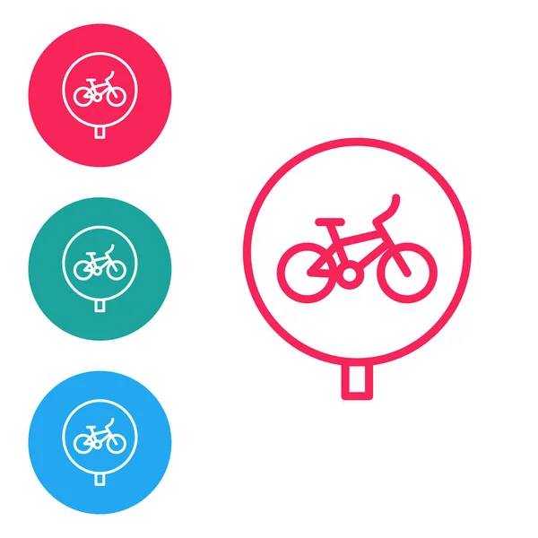 Icono de bicicleta de línea roja aislado sobre fondo blanco. Carrera de bicicletas. Deporte extremo. Equipamiento deportivo. Establecer iconos en botones de círculo. Vector — Vector de stock