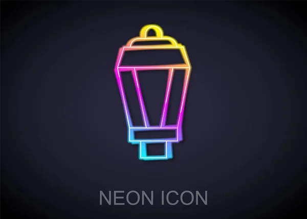 Leuchtende Neon-Linie Garten Licht Lampe Symbol isoliert auf schwarzem Hintergrund. Solarbetriebene Lampe. Laterne. Straßenlaterne. Vektor — Stockvektor