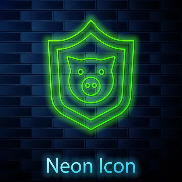 Ligne lumineuse néon Bouclier avec icône de porc isolé sur fond de mur de briques. Le symbole animal. Vecteur — Image vectorielle