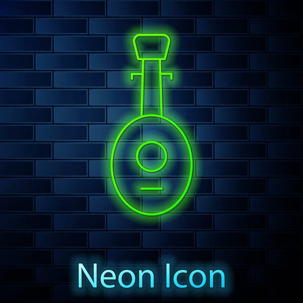 Gloeiende neon lijn Muzikaal instrument luit icoon geïsoleerd op baksteen muur achtergrond. Arabisch, Oosters, Grieks muziekinstrument. Vector — Stockvector