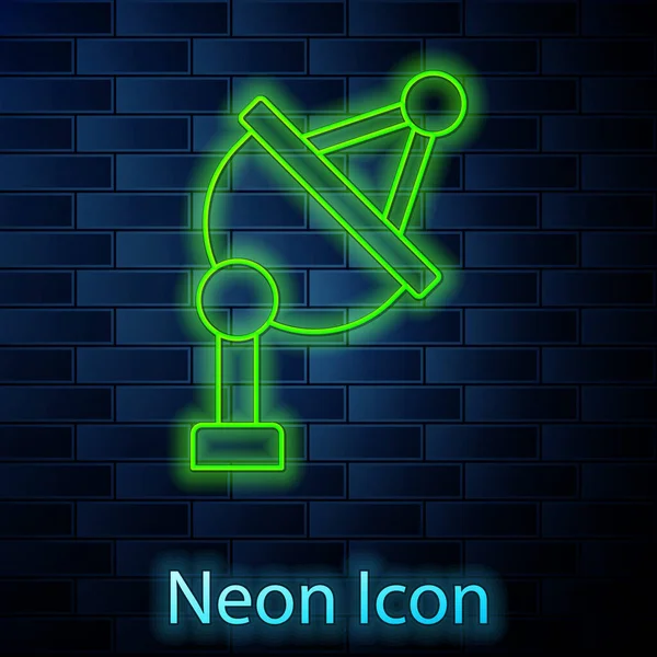 Ligne lumineuse néon Icône parabolique isolée sur fond de mur de briques. Antenne radio, astronomie et recherche spatiale. Vecteur — Image vectorielle