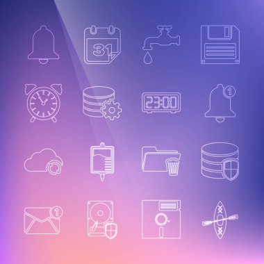 Kano ve kürekleri ayarla, veritabanı koruması, Bell, Water tap, veritabanı sunucusu, alarm saati, zil ve dijital alarm simgesi ayarla. Vektör