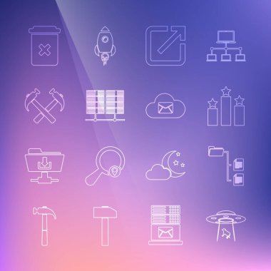 Set hattı UFO inek, Dizin ağacı, Sıralama Yıldızı, Yeni Pencere, Sunucu, Data, Web Sunucu, çapraz çekiç, Çöp kutusu ve Bulut posta sunucusu simgesi kaçırıyor. Vektör