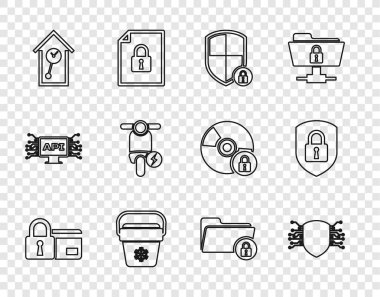 Hat kartını kilit, Siber güvenlik, Kalkan, soğutucu çanta, Retro duvar saati, elektrikli scooter, Dizin ve simge ile ayarla. Vektör