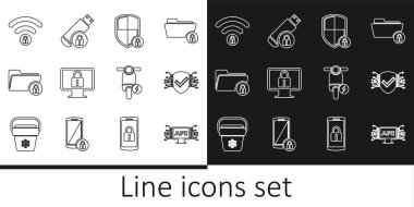 Bilgisayar arayüzü, Siber güvenlik, kilitlenmiş kalkan, monitöre kilitlen, dizine gir ve, Wifi kilitlendi, elektrikli scooter ve USB flash disk simgesi. Vektör