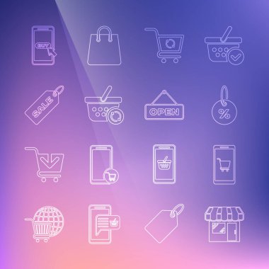 Market, mobil ve alışveriş arabası, indirimli yüzde etiketi, Refresh, basket, indirimli fiyatlar ve asılı kapı simgesi. Vektör